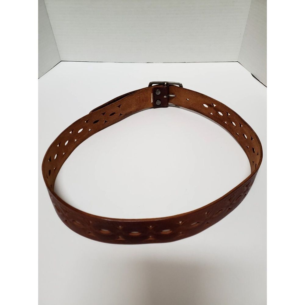 Lucky Brand Belt S Cognac Leather Pierced Tooled Leather Cowgirl Pewter Buckle - Picture 4 of 8